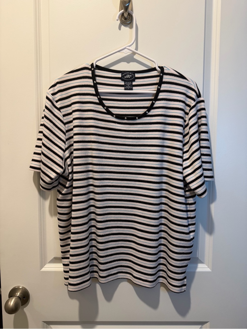 Blue & White Striped Short Sleeve Top with Studded Neck